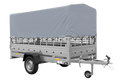 UNITRAILER GARDEN 264/R KIPP – Einachsanhänger 264 × 125 cm mit Blattfederung – zusätzliche Bordwände, H-800, graue Hochplane