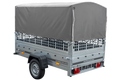 UNITRAILER GARDEN 230/R KIPP – Einachsanhänger 230 × 125 cm mit Blattfederung – Gitterbordwände, H-800, graue Hochplane