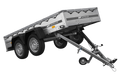 UNITRAILER GARDEN 264/2 KIPP – Zweiachsanhänger 264 × 125 cm – Stützrad, Planenstützstangen und graue Flachplane