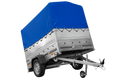 UNITRAILER GARDEN 201/R KIPP – Einachsanhänger 200 × 125 cm mit Blattfederung – BIS-Bordwände, H-800, blaue Hochplane