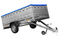 UNITRAILER GARDEN 264 KIPP – Pkw-Anhänger 264 × 125 cm – BIS-Bordwände, Stützrad und blaue Flachplane