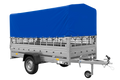 UNITRAILER GARDEN 264/R KIPP – Einachsanhänger 264 × 125 cm mit Blattfederung – Gitterbordwände, H-800, blaue Hochplane